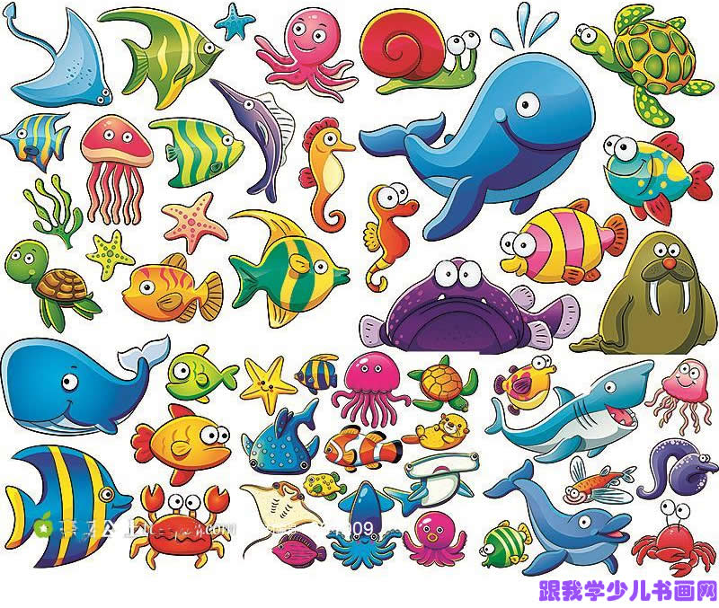 海洋动物、海底生物卡通动物矢量图