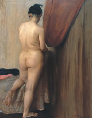 女人体油画全裸背站的妇女（图）