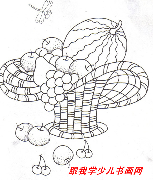 儿童线描教学入门篇第五十二课水果篮范画[图