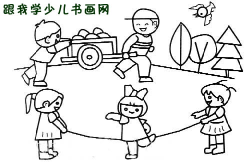 简笔画人物小孩跳绳和推车[图]