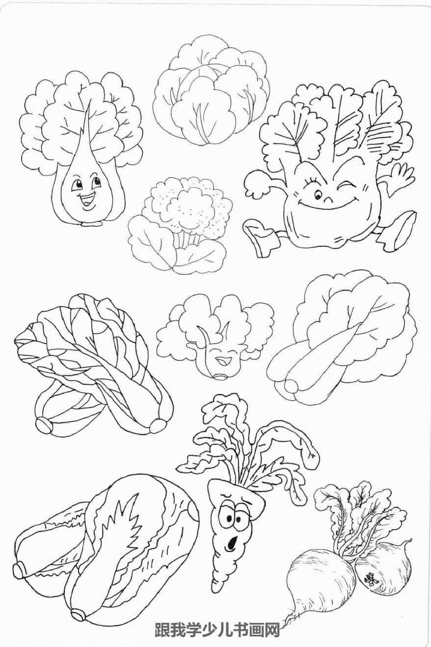 简笔画素材食物蔬果类:好几种卡通萝卜白菜表情[图片]