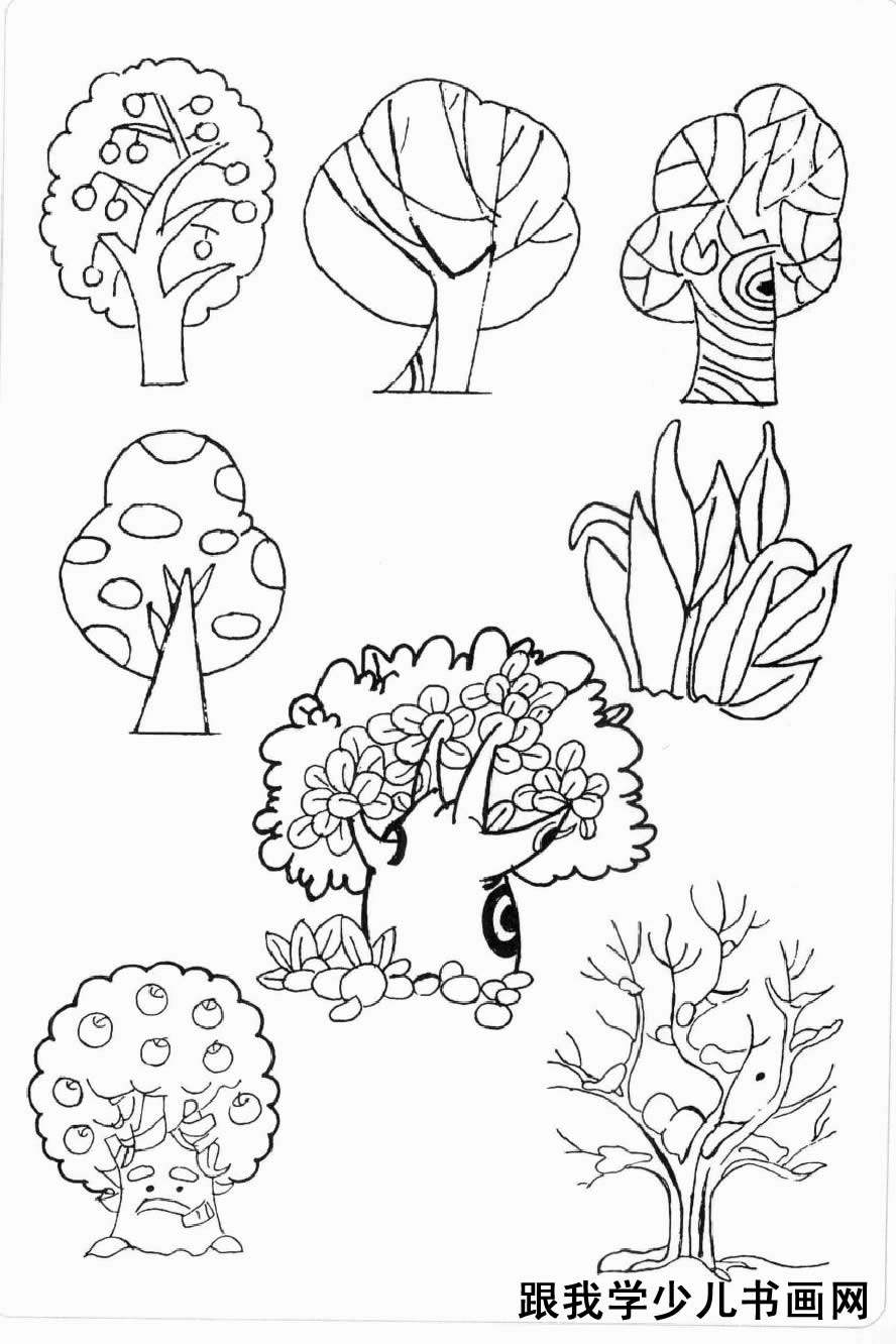 简笔画素材花草树木:柳树、杨树、松树、卡通