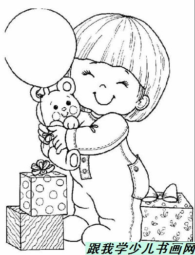 简笔画(线描)抱玩具熊的女孩[图]
